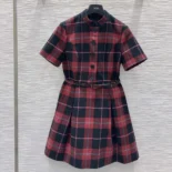 Dior Women Short Belted Dress Pink Gray and White Check'n'Dior Virgin Wool