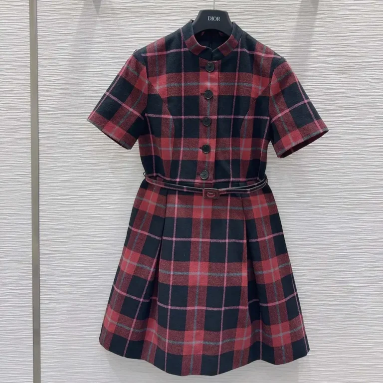 Dior Women Short Belted Dress Pink Gray and White Check'n'Dior Virgin Wool