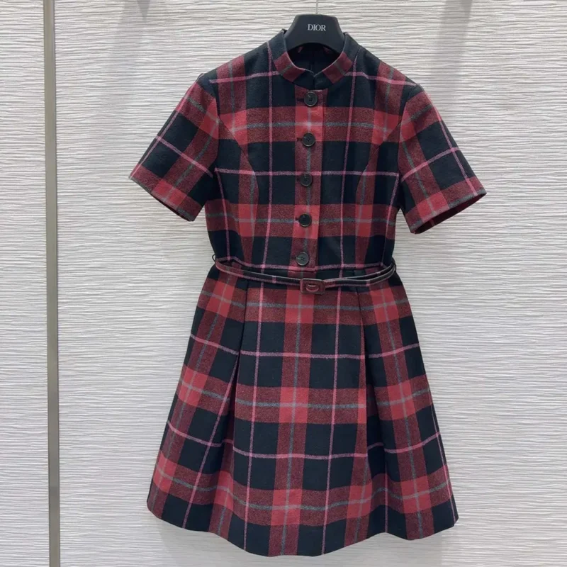 Dior Women Short Belted Dress Pink Gray and White Check'n'Dior Virgin Wool