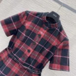 Dior Women Short Belted Dress Pink Gray and White Check'n'Dior Virgin Wool