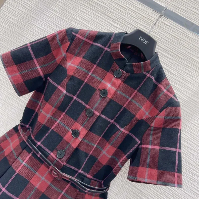 Dior Women Short Belted Dress Pink Gray and White Check'n'Dior Virgin Wool