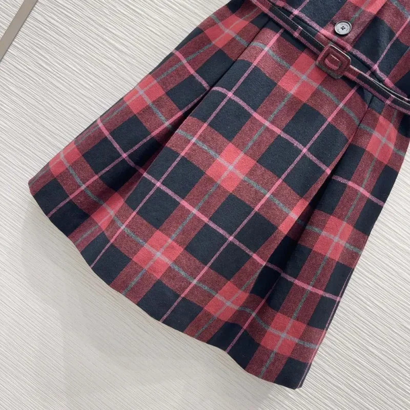 Dior Women Short Belted Dress Pink Gray and White Check'n'Dior Virgin Wool