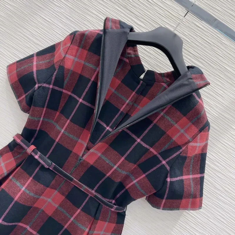 Dior Women Short Belted Dress Pink Gray and White Check'n'Dior Virgin Wool