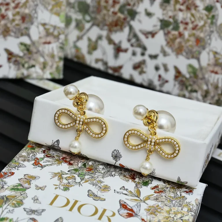 Dior Women Tribales Earrings Champagne-Finish Metal with White Resin Pearls