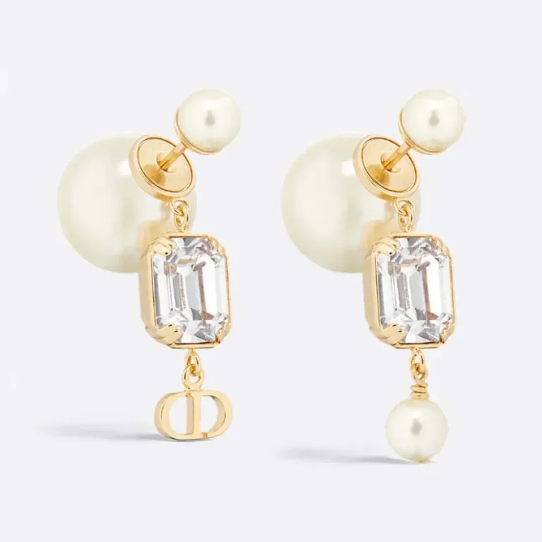 Dior Women Tribales Earrings Gold-Finish Metal with White Resin Pearls and Silver-Tone Crystals