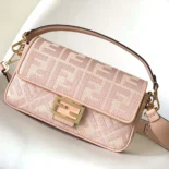 Fendi Women Baguette Light Pink Denim Bag with FF Embroidery