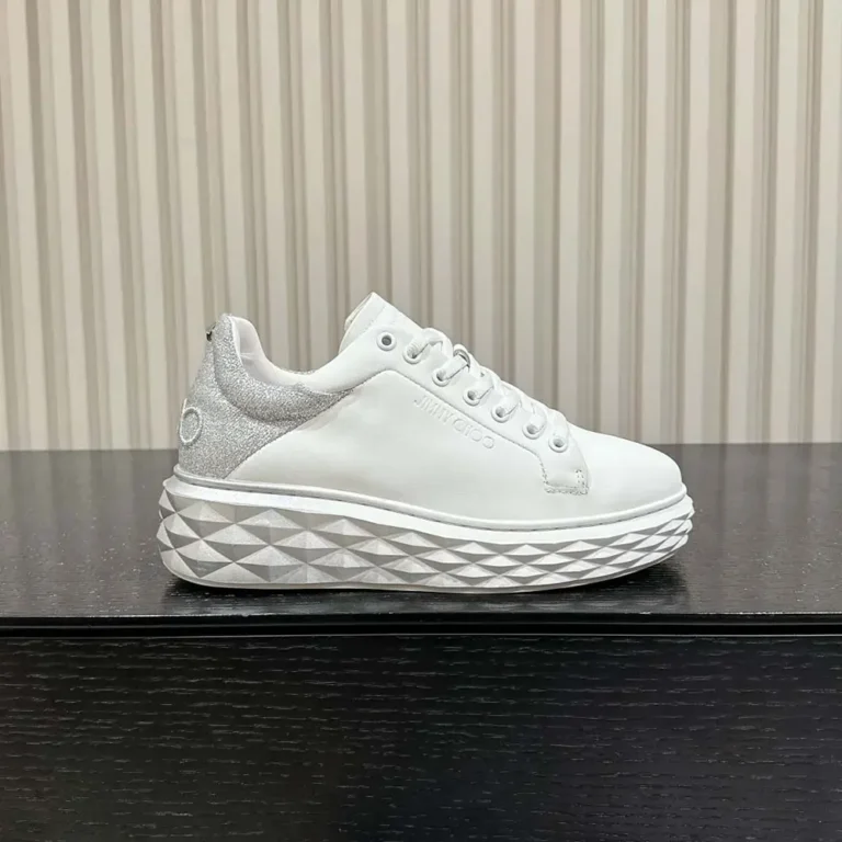 Jimmy Choo Women Diamond Maxi/F II White & Silver Nappa Leather Glitter Trainers