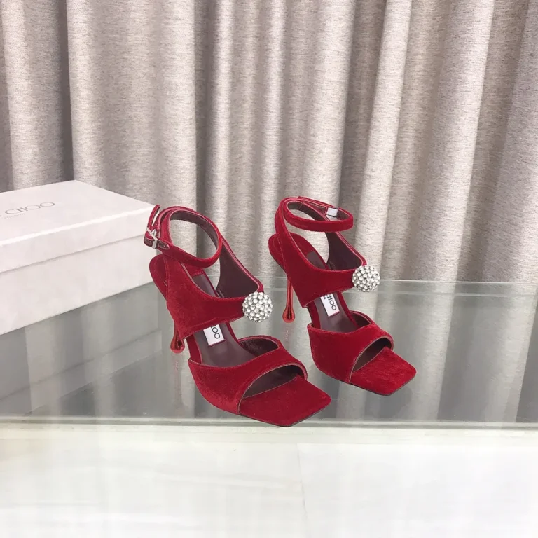 Jimmy Choo Women Orb 95 Ruby Red Velvet Sandals