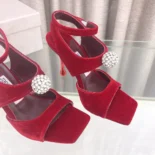 Jimmy Choo Women Orb 95 Ruby Red Velvet Sandals