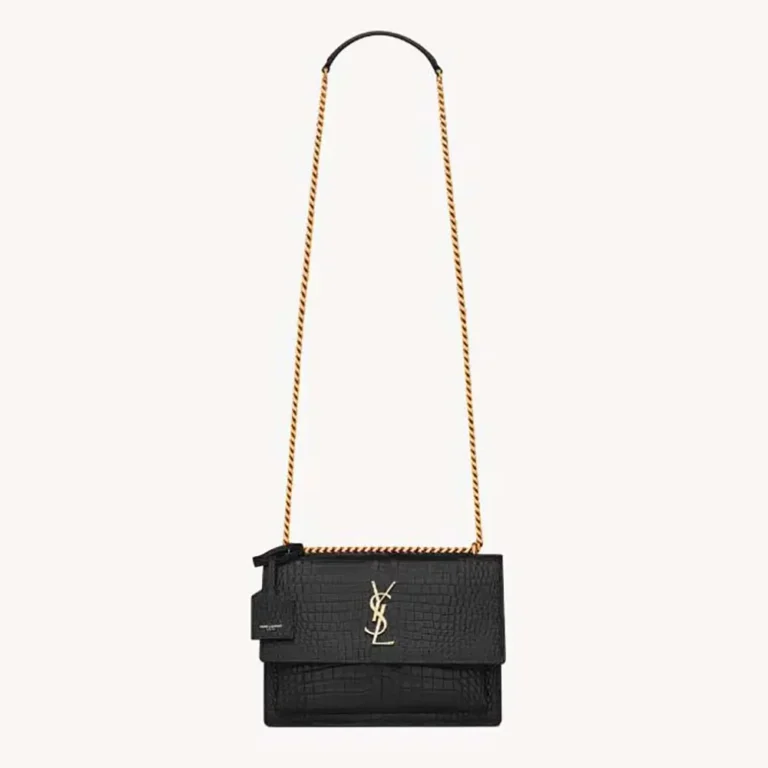 Saint Laurent YSL Women Sunset Medium in Crocodile Embossed Leather-Black