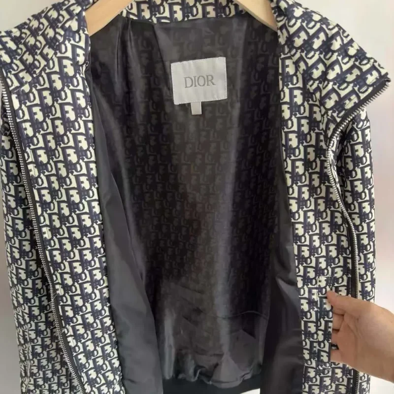 Dior Men Padded Bomber Jacket Blue and Ecru Technical Taffeta Jacquard