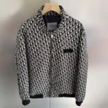 Dior Men Padded Bomber Jacket Blue and Ecru Technical Taffeta Jacquard