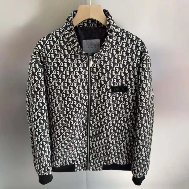 Dior Men Padded Bomber Jacket Blue and Ecru Technical Taffeta Jacquard