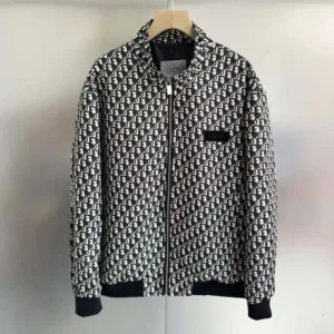 Dior Men Padded Bomber Jacket Blue and Ecru Technical Taffeta Jacquard