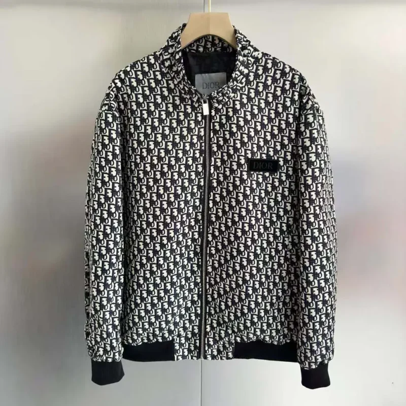 Dior Men Padded Bomber Jacket Blue and Ecru Technical Taffeta Jacquard