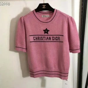 Dior Women Christian Dior Short-Sleeved Sweater Pink Cashmere and Wool Knit