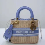 Dior Women Medium Lady Dior Bag Natural Wicker and Light Blue Dior Oblique Jacquard