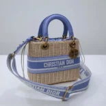 Dior Women Medium Lady Dior Bag Natural Wicker and Light Blue Dior Oblique Jacquard