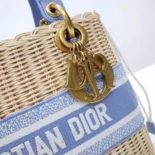 Dior Women Medium Lady Dior Bag Natural Wicker and Light Blue Dior Oblique Jacquard