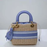 Dior Women Medium Lady Dior Bag Natural Wicker and Light Blue Dior Oblique Jacquard