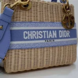 Dior Women Medium Lady Dior Bag Natural Wicker and Light Blue Dior Oblique Jacquard