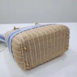 Dior Women Medium Lady Dior Bag Natural Wicker and Light Blue Dior Oblique Jacquard