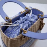 Dior Women Medium Lady Dior Bag Natural Wicker and Light Blue Dior Oblique Jacquard