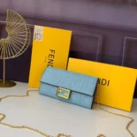 Fendi Women Baguette Continental Wallet With Chain Blue Nappa Leather Wallet