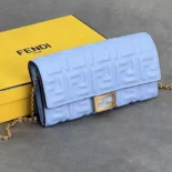 Fendi Women Baguette Continental Wallet With Chain Blue Nappa Leather Wallet