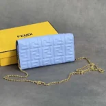 Fendi Women Baguette Continental Wallet With Chain Blue Nappa Leather Wallet