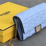 Fendi Women Baguette Continental Wallet With Chain Blue Nappa Leather Wallet
