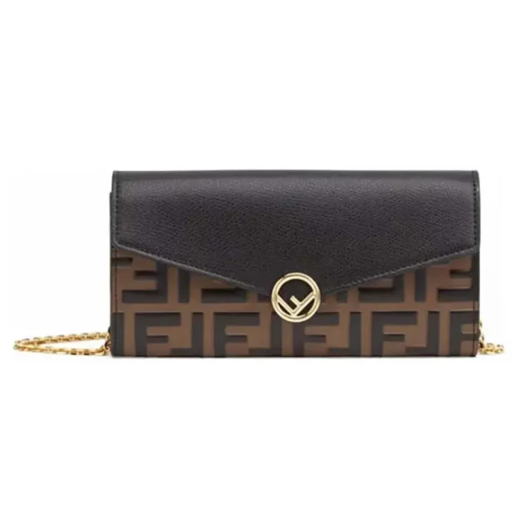 Fendi Women FF With Chain Brown Leather Wallet