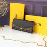 Fendi Women FF With Chain Brown Leather Wallet