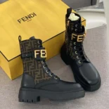 Fendi Women Fendigraphy Black Leather Biker Boots with Stretch Fabric