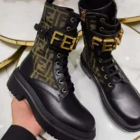 Fendi Women Fendigraphy Black Leather Biker Boots with Stretch Fabric