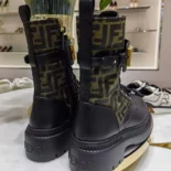 Fendi Women Fendigraphy Black Leather Biker Boots with Stretch Fabric