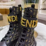 Fendi Women Fendigraphy Black Leather Biker Boots with Stretch Fabric