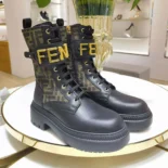 Fendi Women Fendigraphy Black Leather Biker Boots with Stretch Fabric