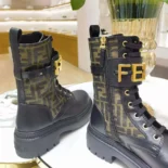 Fendi Women Fendigraphy Black Leather Biker Boots with Stretch Fabric