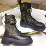 Fendi Women Fendigraphy Black Leather Biker Boots with Stretch Fabric
