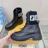 Fendi Women Rockoko Black Leather Biker Boots with FF Jacquard Motif