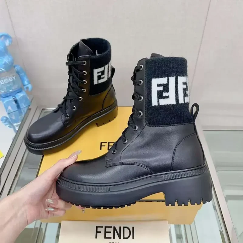 Fendi Women Rockoko Black Leather Biker Boots with FF Jacquard Motif