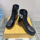Fendi Women Rockoko Black Leather Biker Boots with FF Jacquard Motif