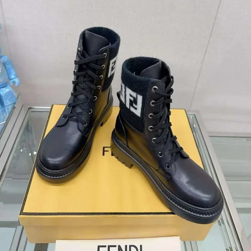 Fendi Women Rockoko Black Leather Biker Boots with FF Jacquard Motif