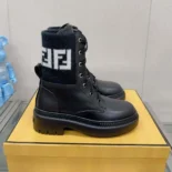 Fendi Women Rockoko Black Leather Biker Boots with FF Jacquard Motif