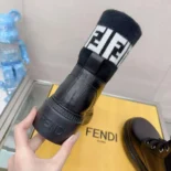 Fendi Women Rockoko Black Leather Biker Boots with FF Jacquard Motif