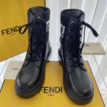 Fendi Women Rockoko Black Leather Biker Boots with FF Jacquard Motif