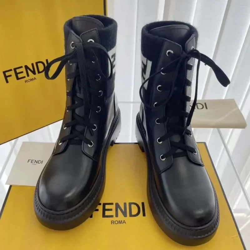 Fendi Women Rockoko Black Leather Biker Boots with FF Jacquard Motif
