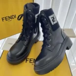 Fendi Women Rockoko Black Leather Biker Boots with FF Jacquard Motif