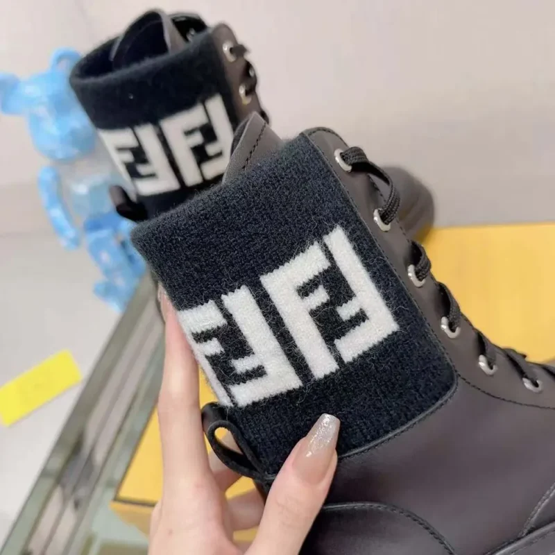 Fendi Women Rockoko Black Leather Biker Boots with FF Jacquard Motif